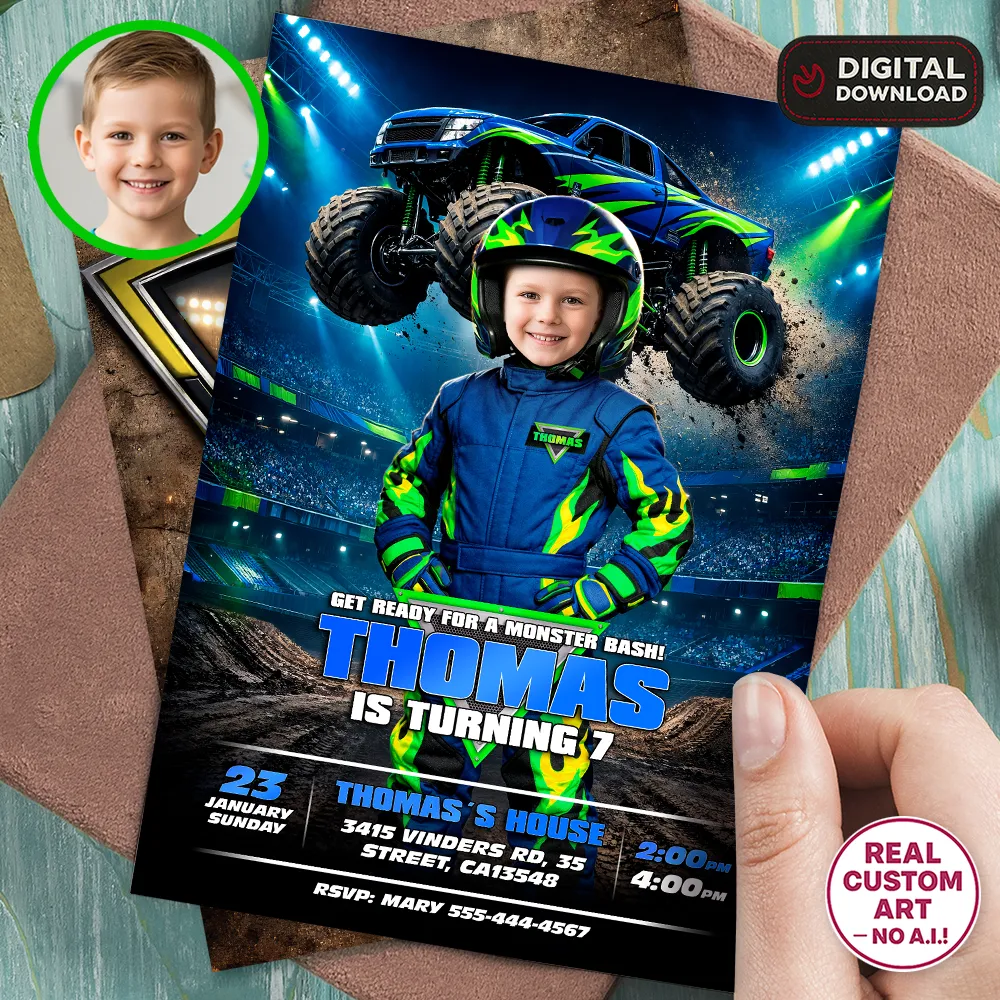 Electric blue monster truck birthday invitation design