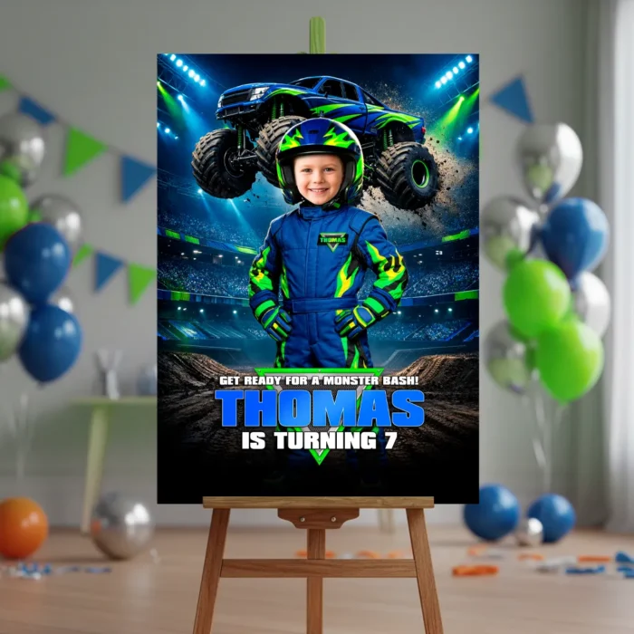 Electric Blue Monster Truck Welcome Sign | Custom Photo Poster