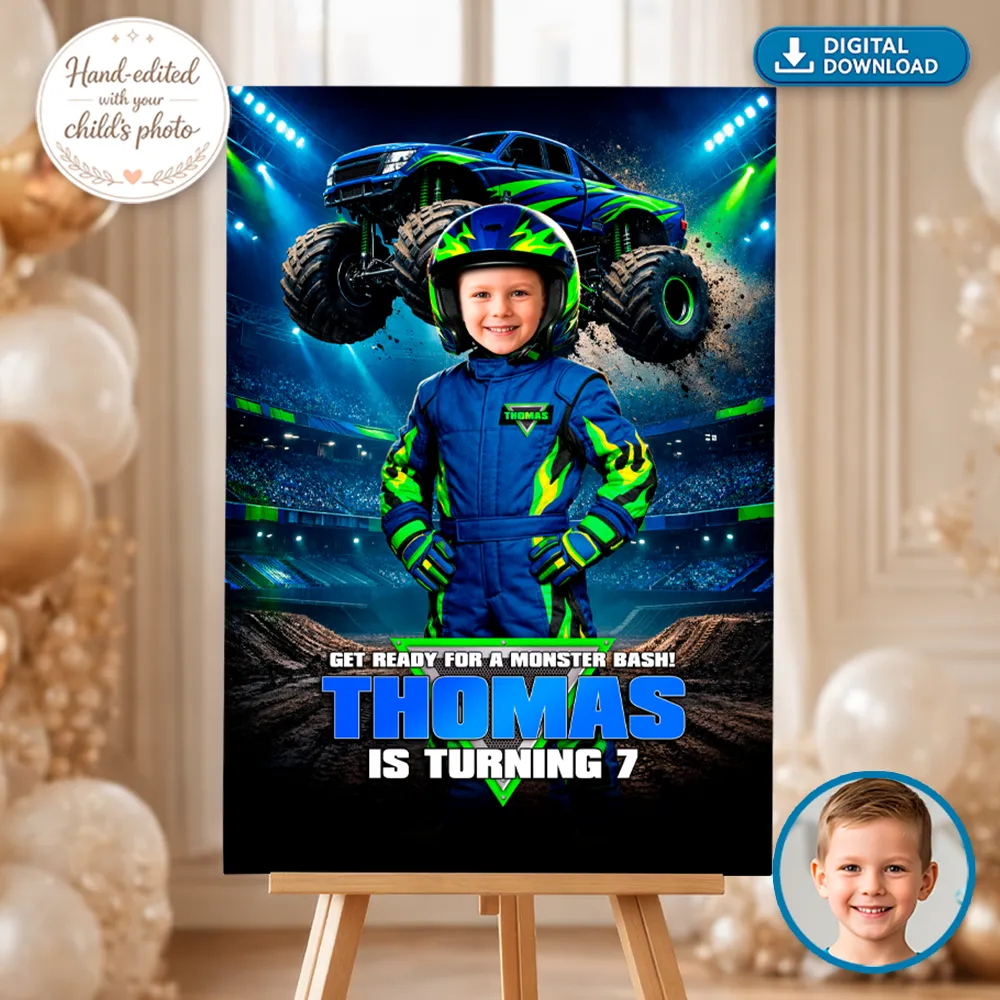 Electric Blue Monster Truck Welcome Sign | Custom Off-Road Racing Birthday Poster 3 Electric Blue Monster Truck Welcome Sign | Custom Photo Poster
