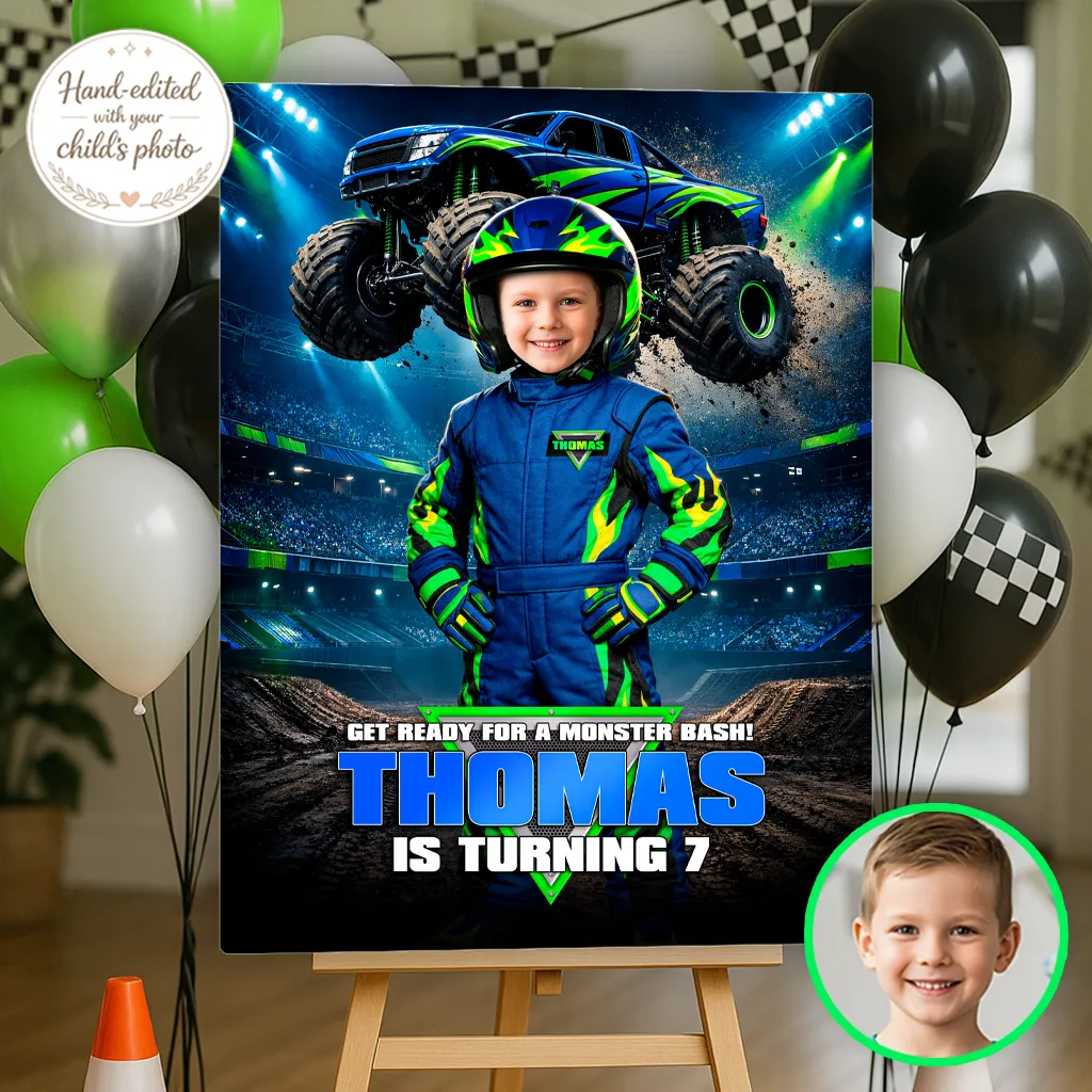 Electric Blue Monster Truck Welcome Sign | Custom Off-Road Racing Birthday Poster 2 Electric Blue Monster Truck Welcome Sign | Custom Photo Poster