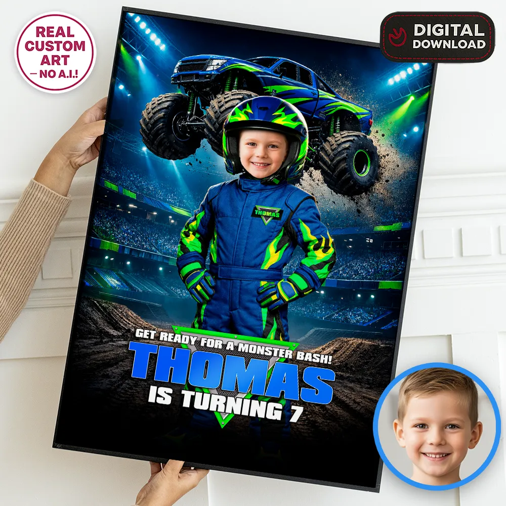Electric Blue Monster Truck Welcome Sign | Custom Off-Road Racing Birthday Poster 1 Electric Blue Monster Truck Welcome Sign | Custom Photo Poster
