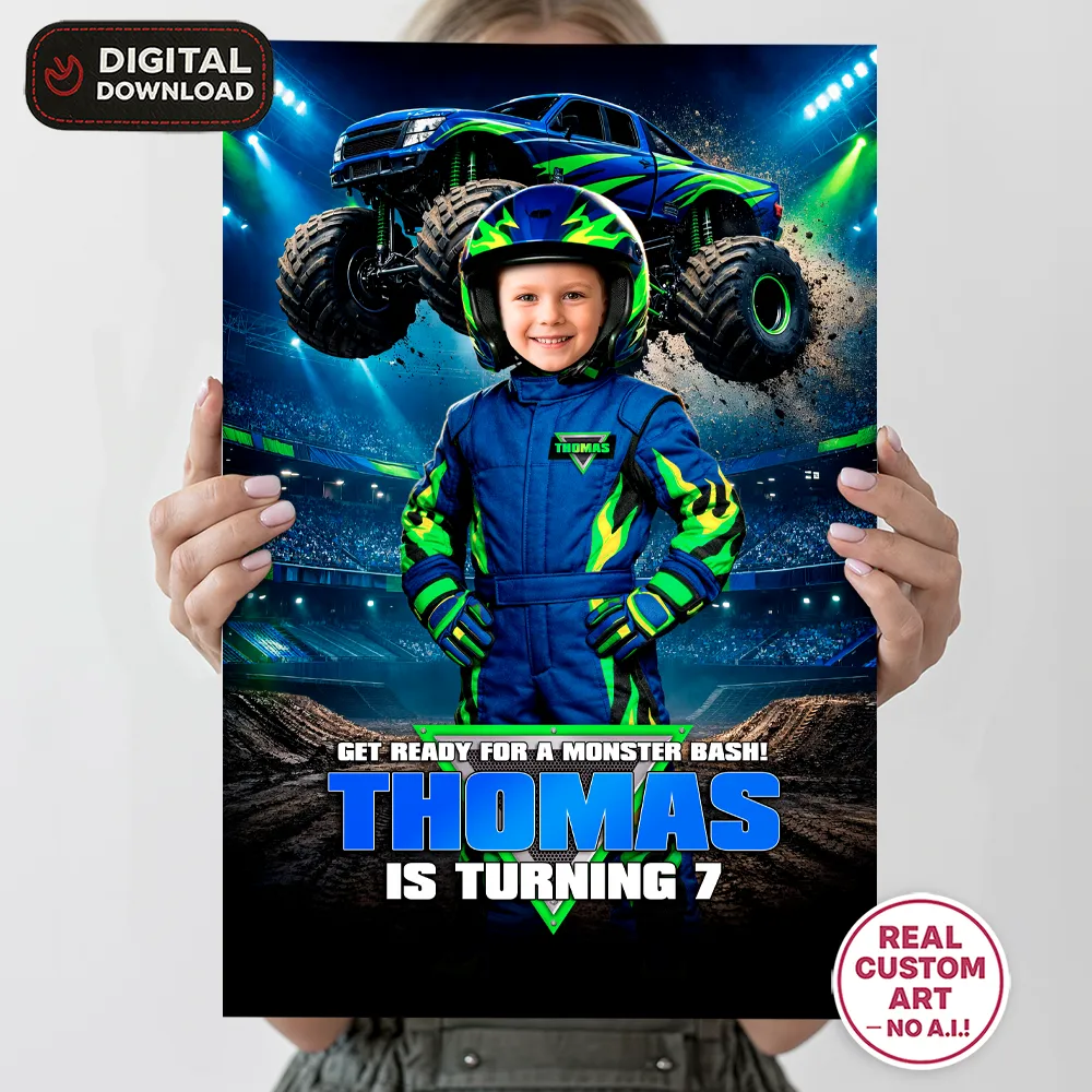 Electric Blue Monster Truck Welcome Sign | Custom Off-Road Racing Birthday Poster 4 Electric Blue Monster Truck Welcome Sign | Custom Photo Poster