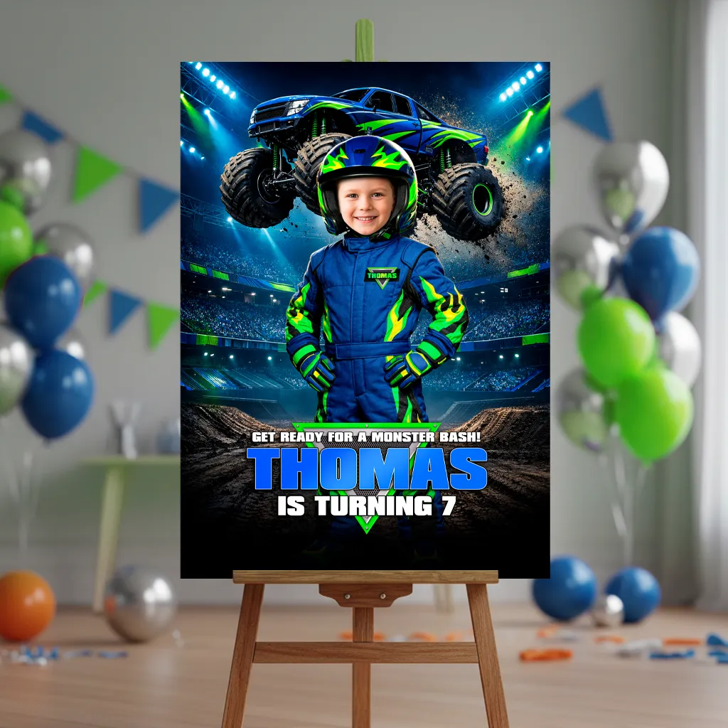 Electric Blue Monster Truck Welcome Sign | Custom Off-Road Racing Birthday Poster 5 Electric Blue Monster Truck Welcome Sign | Custom Photo Poster