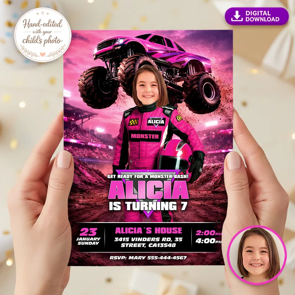 Pink monster truck birthday invitation design with bright pink racing truck