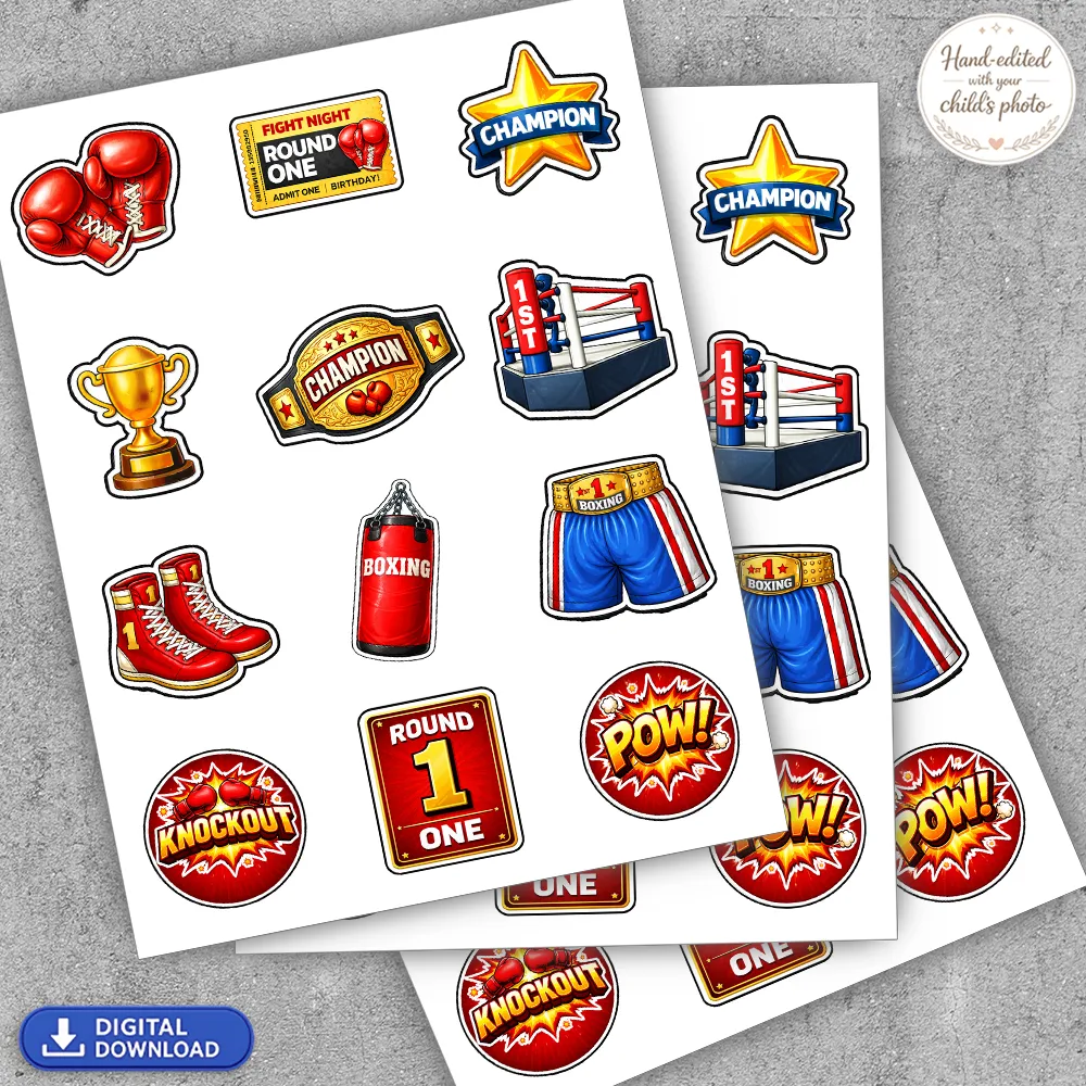 Close-up of 2-inch Round One toppers with boxing gloves and champion belt designs