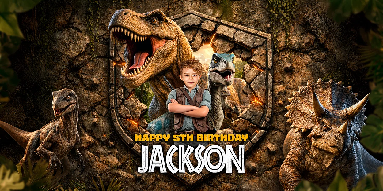 Custom Jurassic birthday banner design example (personalized style)