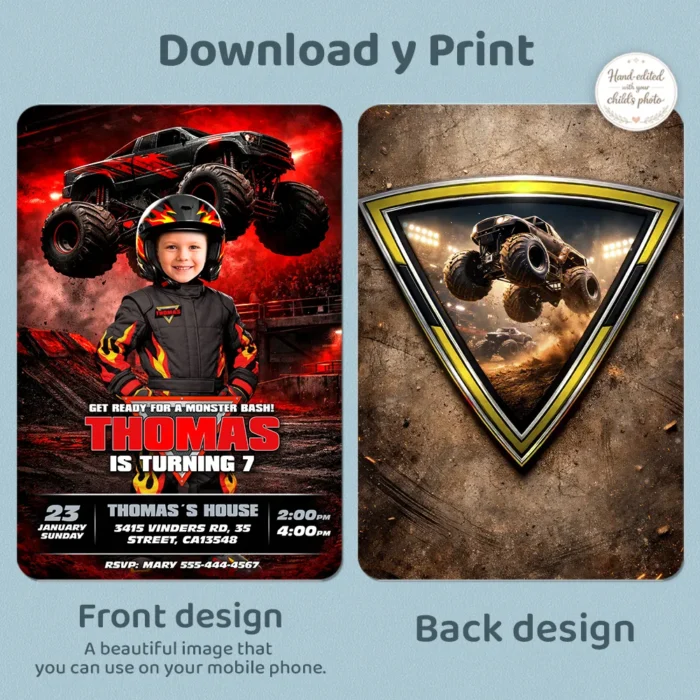 Midnight Rally Monster Truck Invitation | Red & Black Big Wheels Party Invite