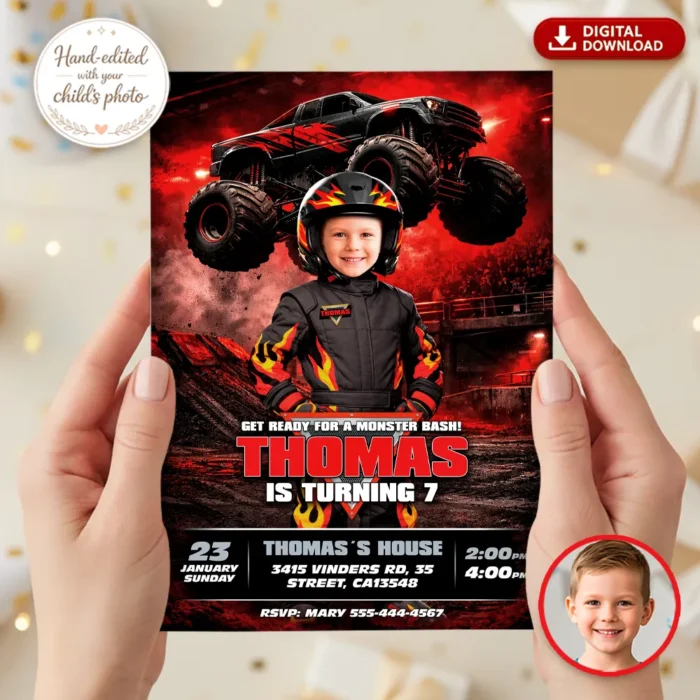 Midnight Rally Monster Truck Invitation | Red & Black Big Wheels Party Invite