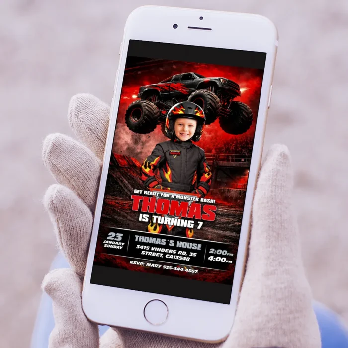 Midnight Rally Monster Truck Invitation | Red & Black Big Wheels Party Invite