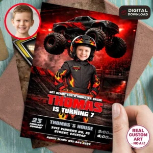 Midnight Rally Monster Truck Invitation | Red & Black Big Wheels Party Invite