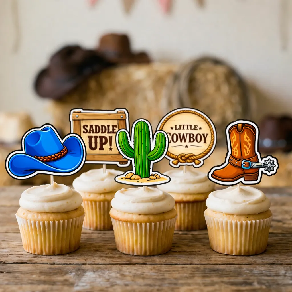 First Rodeo Birthday Photo Invitation | Custom Cowboy Blue & Brown Invite 4 First Rodeo Blue Birthday Cupcake Toppers Free