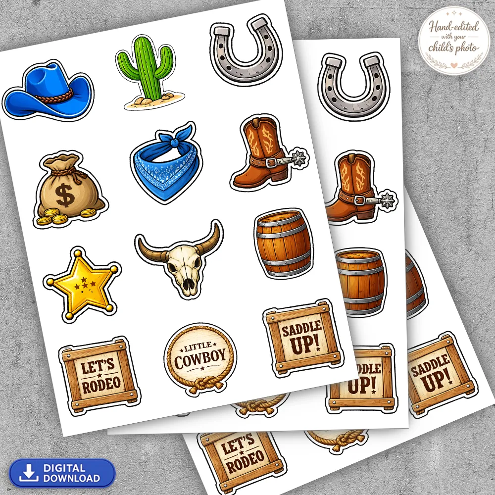 Close-up of 2-inch First Rodeo Blue cowboy cupcake toppers