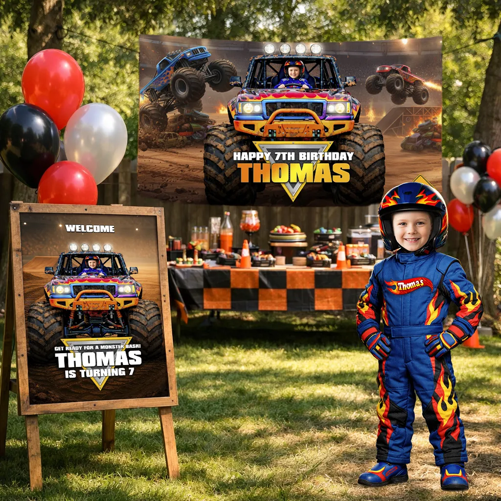 Monster Truck birthday party personalized setup with custom banner and welcome sign