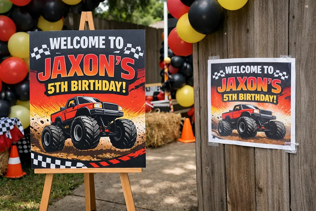 Comparison of properly printed foam board welcome sign vs small pixelated paper print