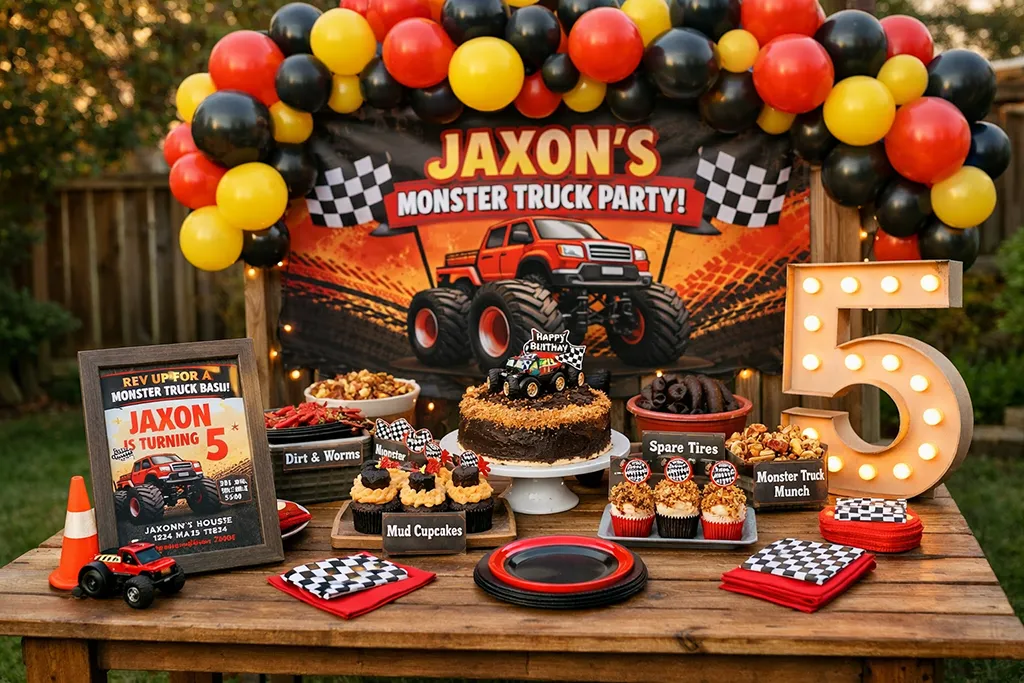 Monster Truck birthday party coordinated decor with invitation banner and themed details