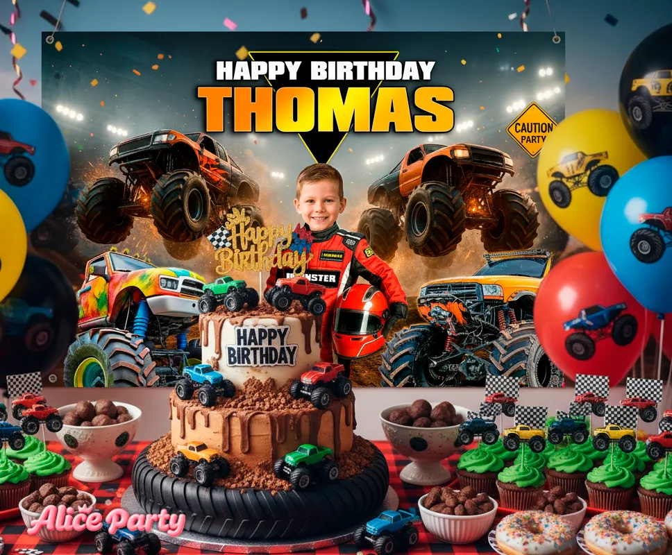 Monster Truck birthday banner behind dessert table with coordinated party decorations