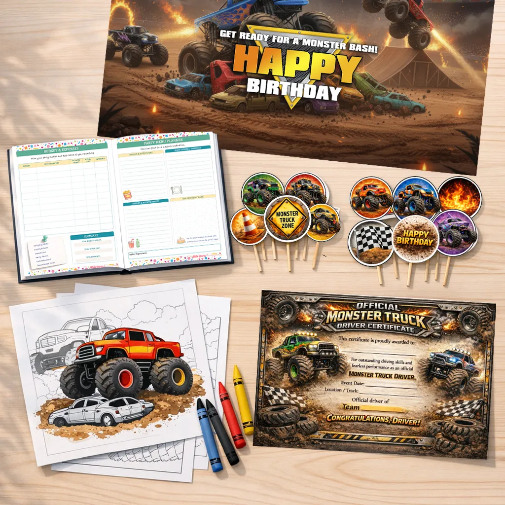 Monster Truck Party Planning Kit preview with planner, banner and coloring pages