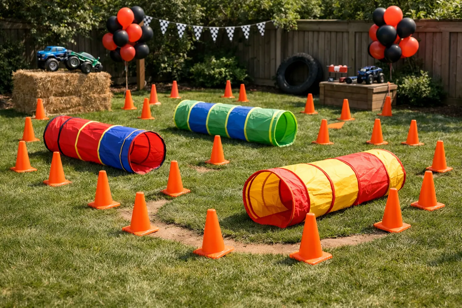 Monster Truck obstacle course backyard setup with cones and tunnels