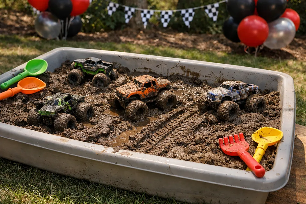Mud pit dig sensory bin with toy monster trucks for kids