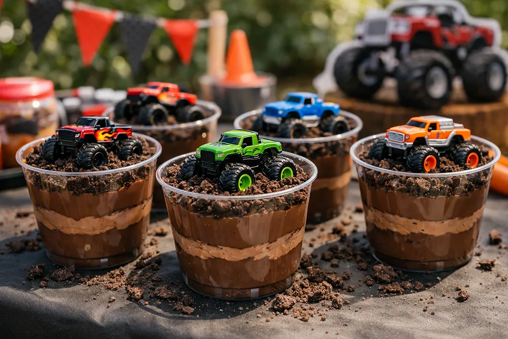 Mud cups chocolate pudding with crushed cookies and toy monster truck
