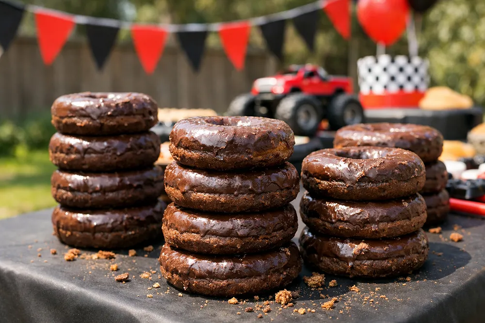 Chocolate donuts stacked like monster truck tires at birthday party