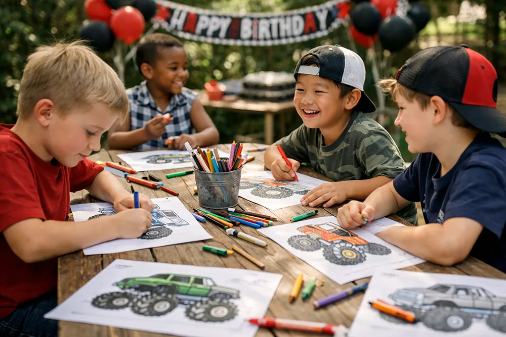 Kids decorating and coloring monster truck templates at party table