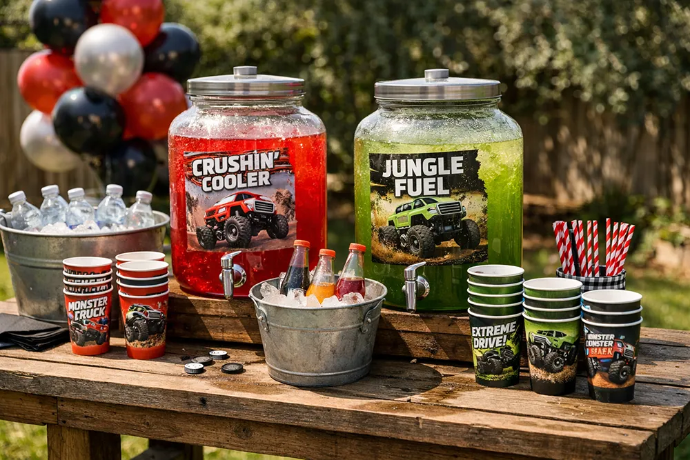 Monster Truck party drink station with themed labels