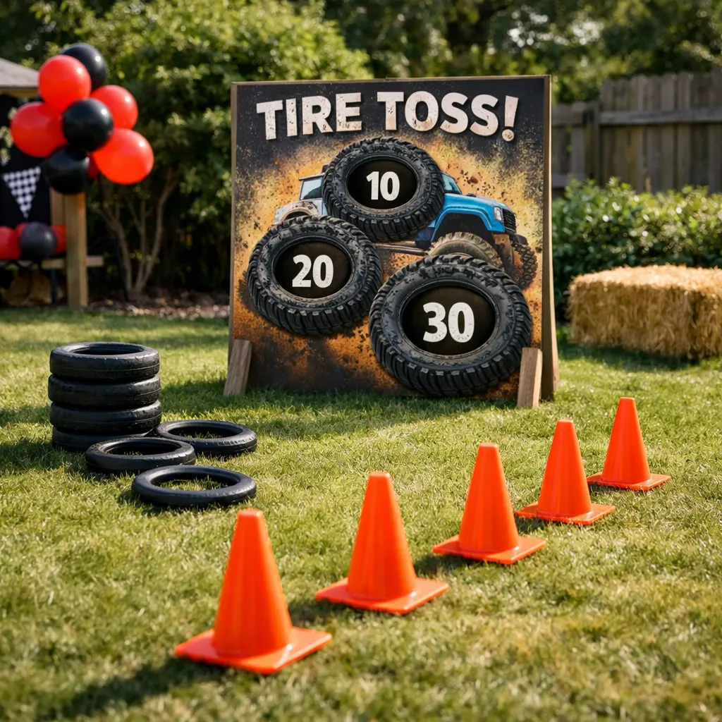 Monster Truck Tire Toss game setup with cones and rings