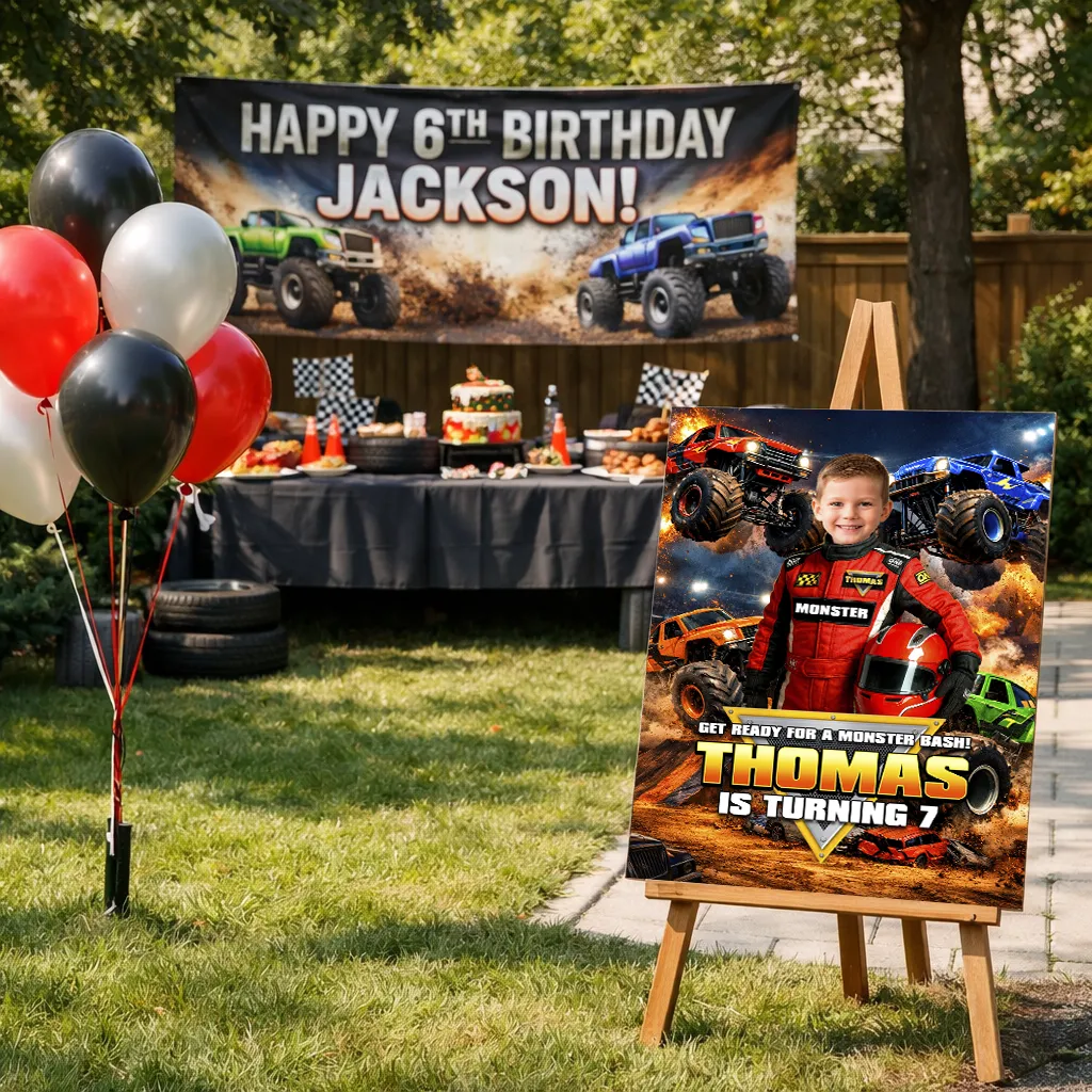 Monster Truck birthday welcome sign action style with child driving truck