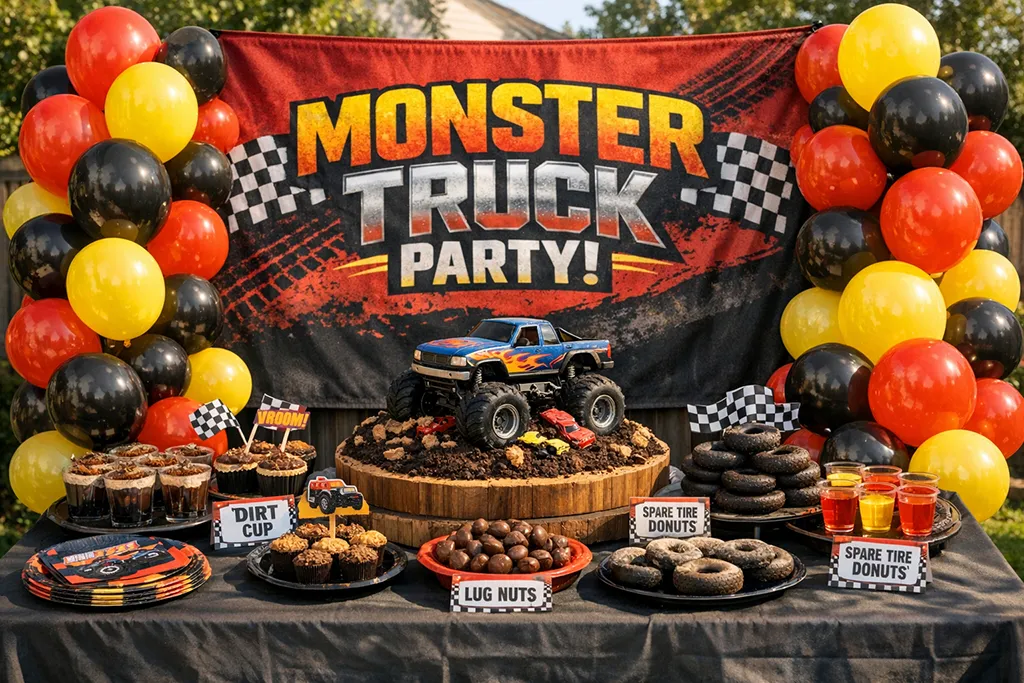 Monster Truck birthday party main table styled as stage with banner and balanced balloons