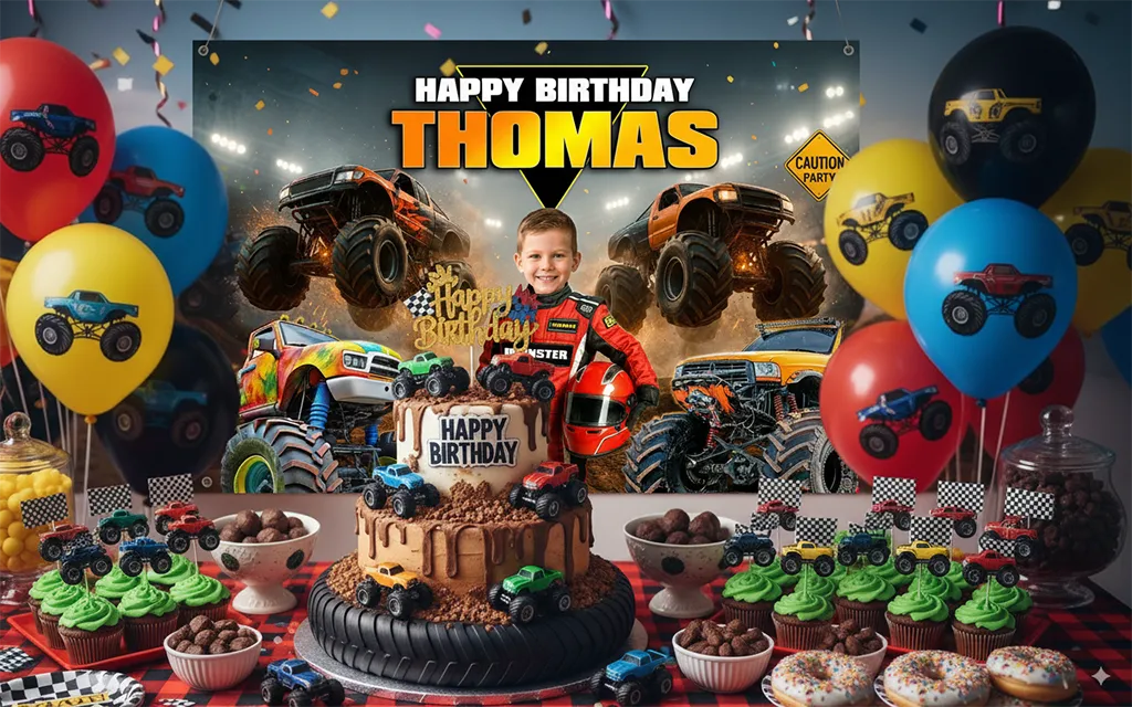 Monster Truck birthday party color palette with red black yellow and checkered details