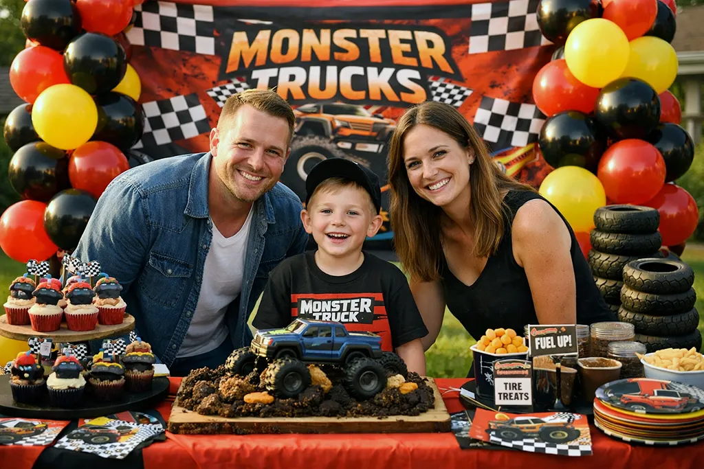 Family photo moment at Monster Truck birthday party with banner backdrop and cake table