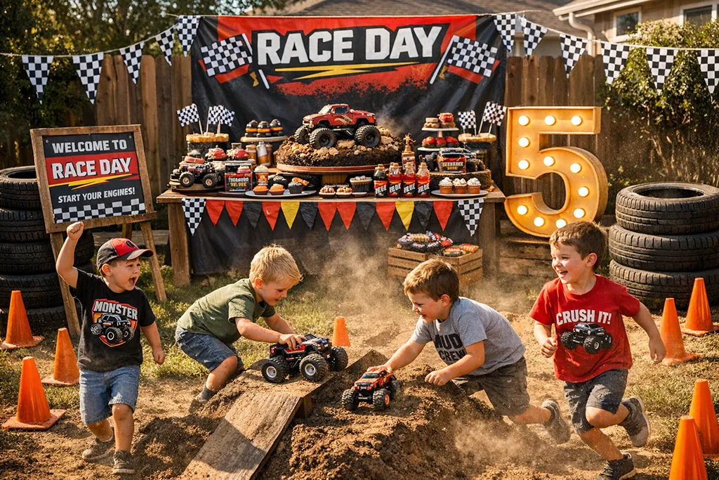 Monster Truck Birthday Party for Boys - Monster Truck birthday party styled as official race day event with banner and dramatic setup