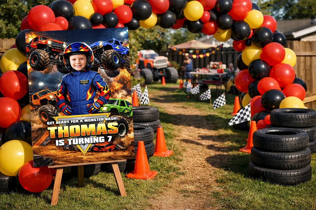 Monster Truck birthday party entrance with bold welcome sign and dramatic setup