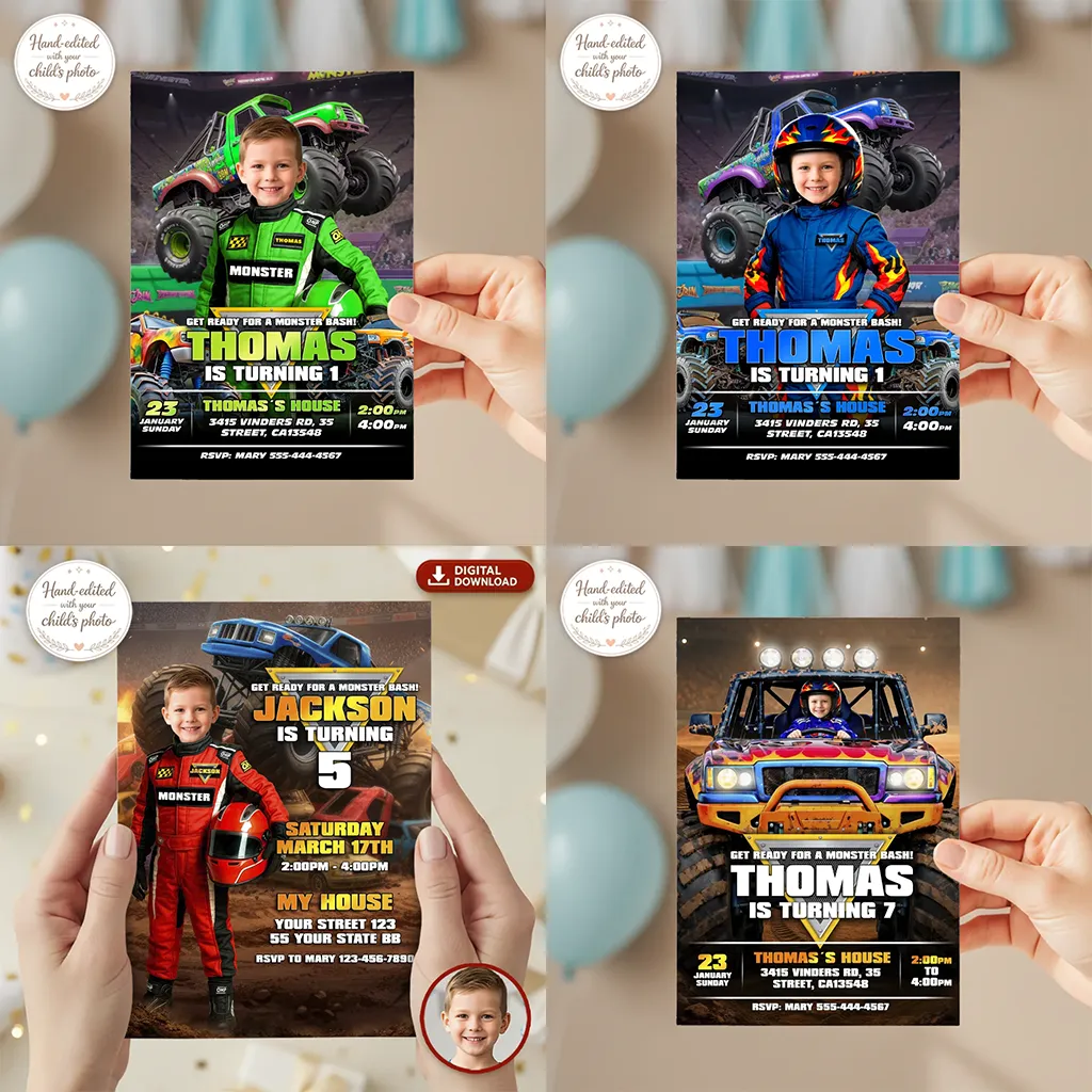 Comparison of blue, red, neon and dirt track Monster Truck party color themes