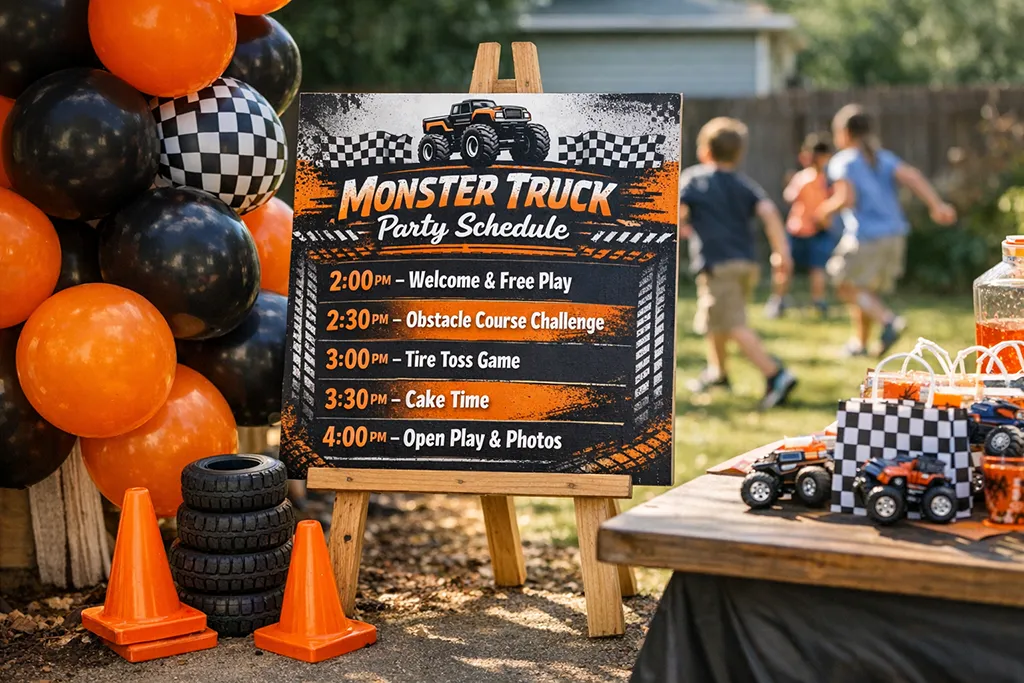 Monster Truck 5 year old birthday party timeline example schedule