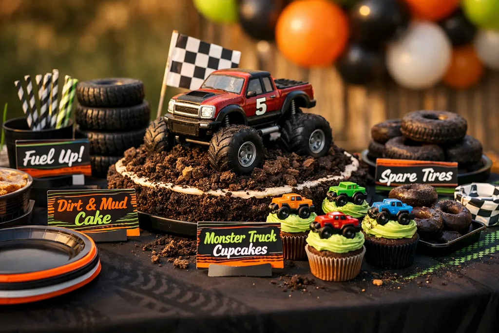 Monster Truck birthday dessert table with coordinated cupcake toppers and themed labels