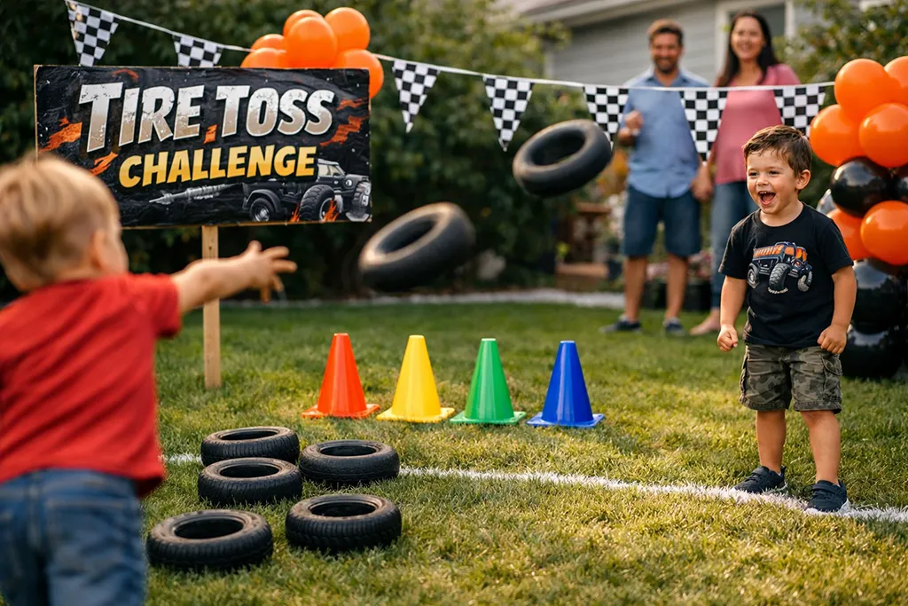 Tire toss Monster Truck party game for 5 year olds