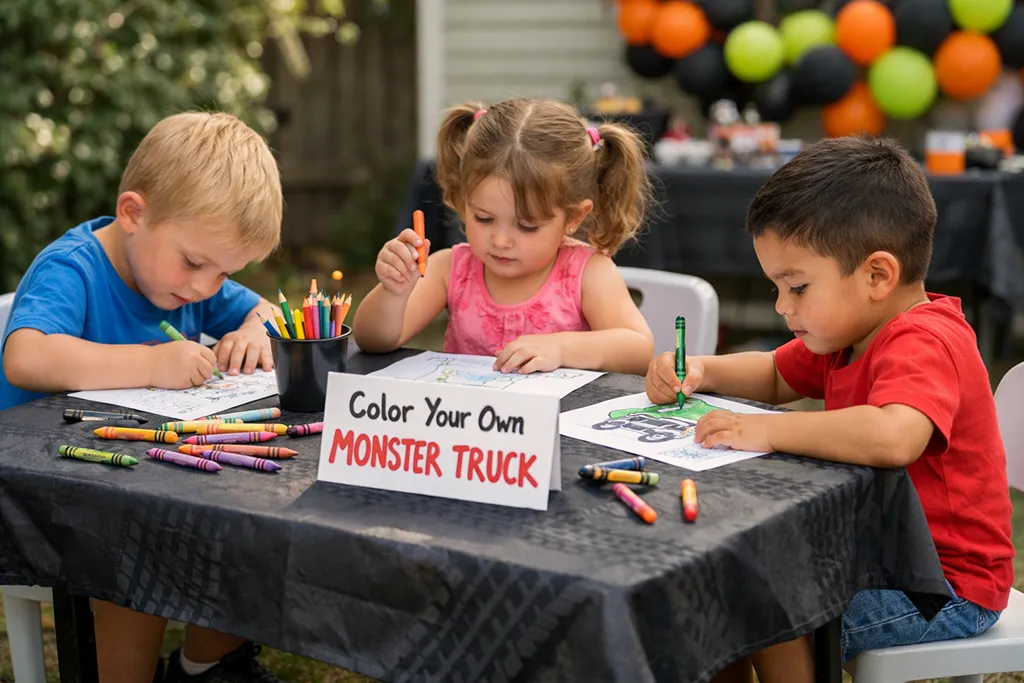 Monster Truck coloring station for 5 year old birthday party