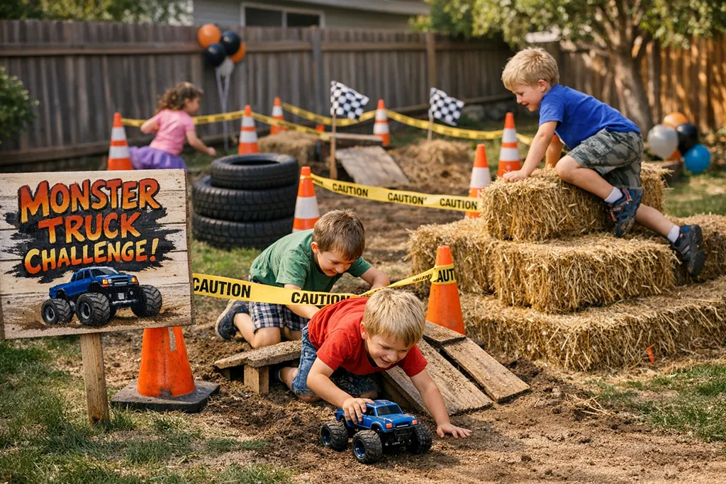 Monster Truck themed obstacle course for 5 year old birthday party