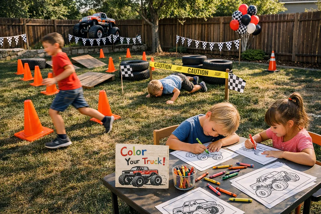 Monster Truck party game area with cones obstacle course and coloring table