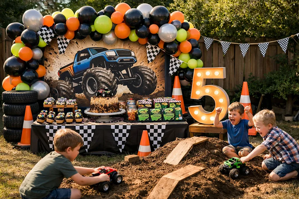Monster Truck Party Ideas for 5 Year Olds - 5 year old Monster Truck birthday party setup with action decorations and activity area
