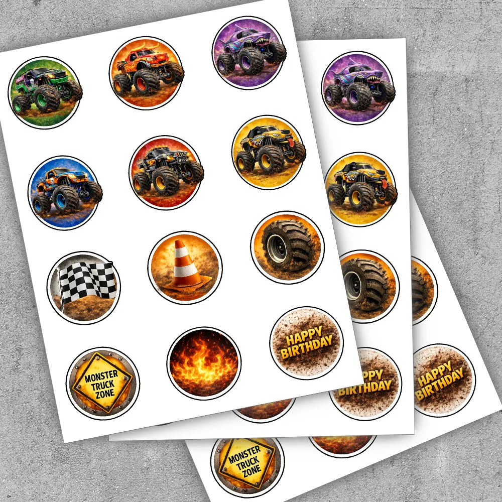 Close-up of 2-inch Monster Truck cupcake toppers with racing theme