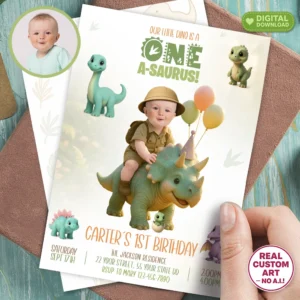 Baby Dinosaur Birthday Invitation with Photo – Custom Prehistoric Party Design – Delivered in 24h – Digital File