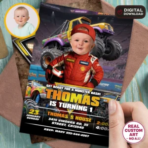 Baby Monster Truck Party Invitation | Personalized Little Driver Birthday Invite