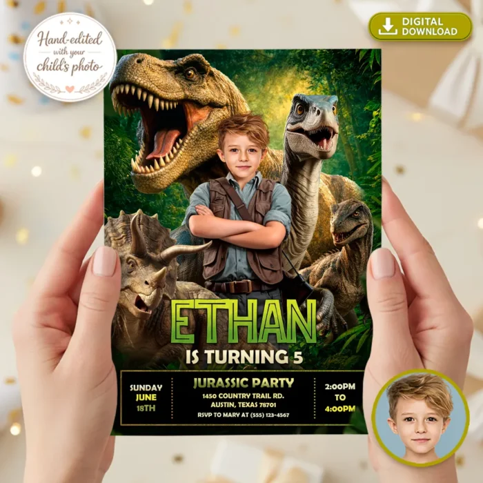 Epic Jurassic Party Invitation – Dinosaur Birthday Invitation With Photo – Delivered in 24h – Digital File
