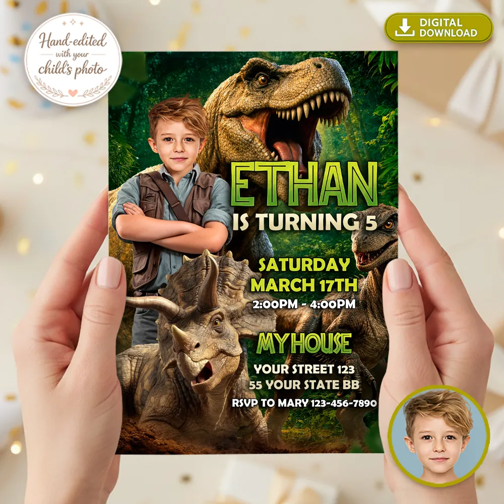 Epic Jurassic Birthday Invitation | Custom Dinosaur Party Explorer Invite 2 Epic Jurassic Birthday Invitation | Custom Dinosaur Photo Invite