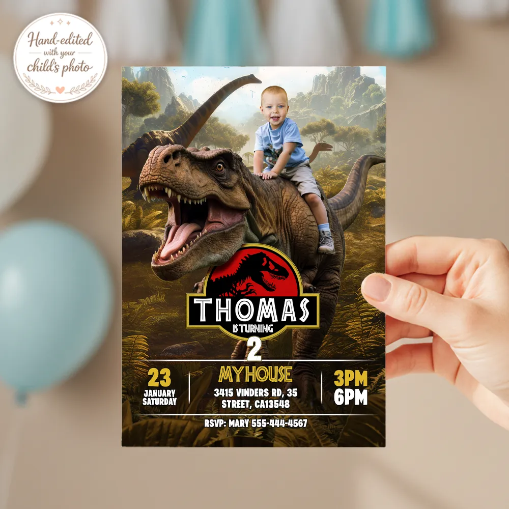 Dinosaur Rex Rider Birthday Invitation | Personalized Dino Explorer Photo Invite 3 Dinosaur Rex Rider Birthday Invitation | Custom Dino Photo