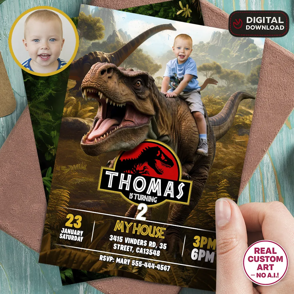 Dinosaur Rex Rider Birthday Invitation | Personalized Dino Explorer Photo Invite 1 Dinosaur Rex Rider Birthday Invitation | Custom Dino Photo