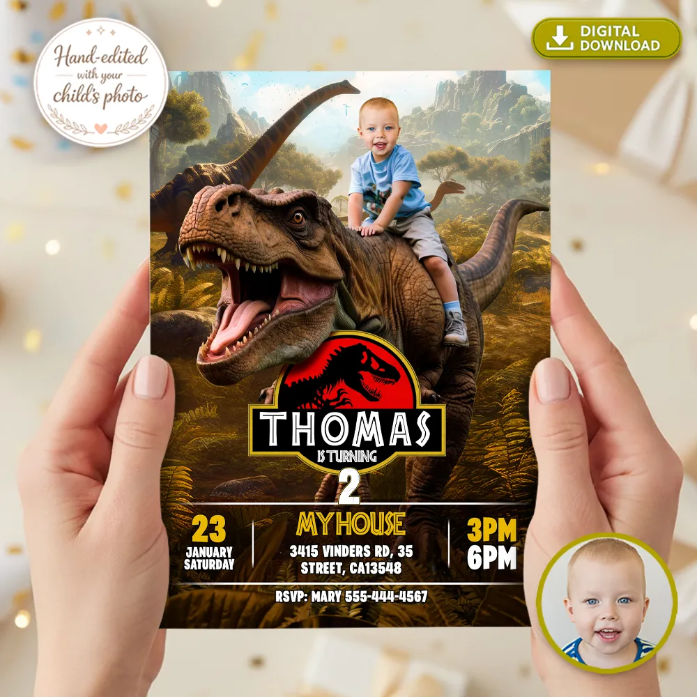 Dinosaur Rex Rider Birthday Invitation | Personalized Dino Explorer Photo Invite 2 Dinosaur Rex Rider Birthday Invitation | Custom Dino Photo